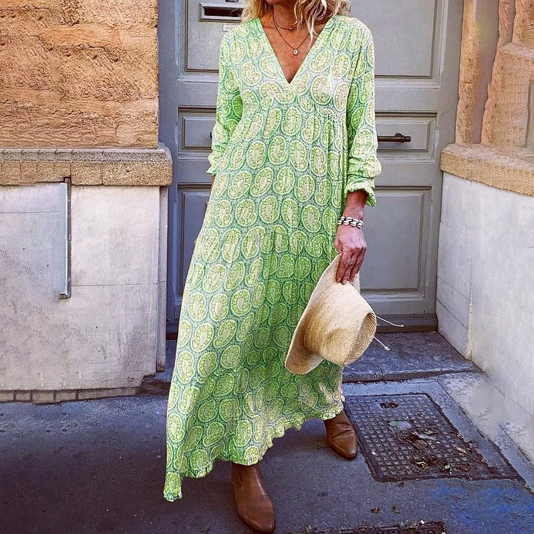 Liora – Maxi Zomerjurk met Geometrische Print en Boho-uitstraling