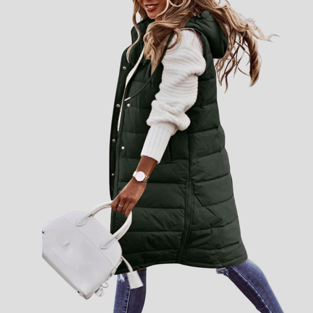Lange bodywarmer met capuchon voor dames