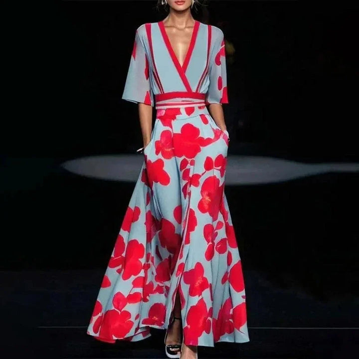 V-Hals Maxi Jurk met Print en Zakken