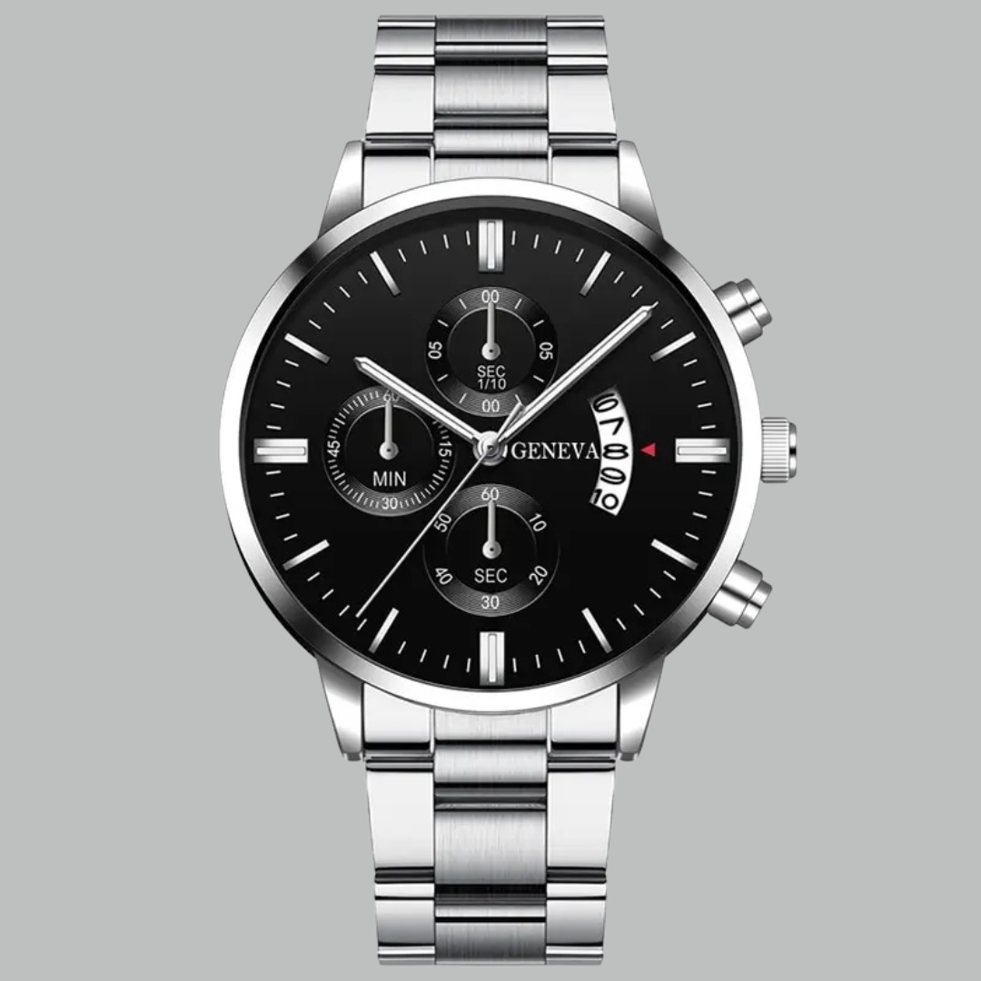 Herenhorloge met Kalender, RVS Band en Krasbestendig Hardlex Glas