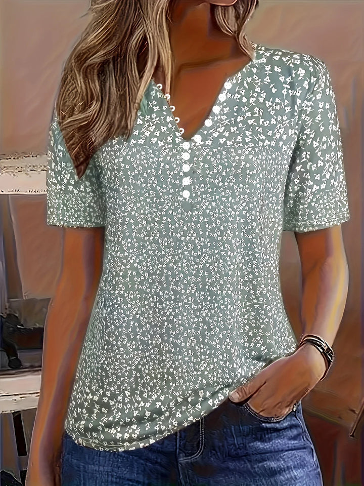 Alaia – Casual Zomertop met V-hals, Knoopsluiting en Korte Mouwen