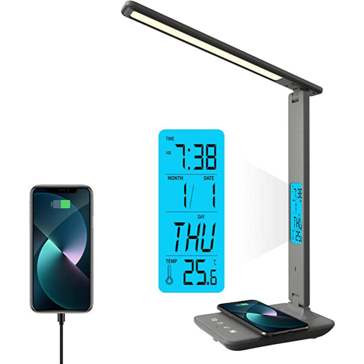 BrightDesk - LED Bureau Lamp Met Draadloze Oplader, USB-Port & LCD Klok