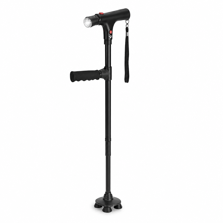 Lichte opvouwbare aluminium wandelstok met 4-puntsvoet, LED-licht en alarm