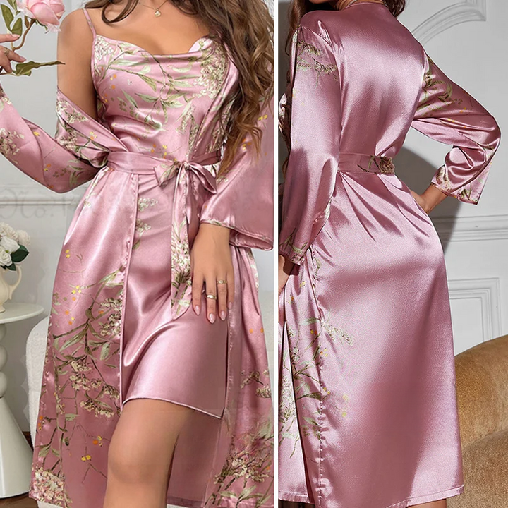 Tweedelig satijnen nachthemd & kimono met bloemenprint – Noelle