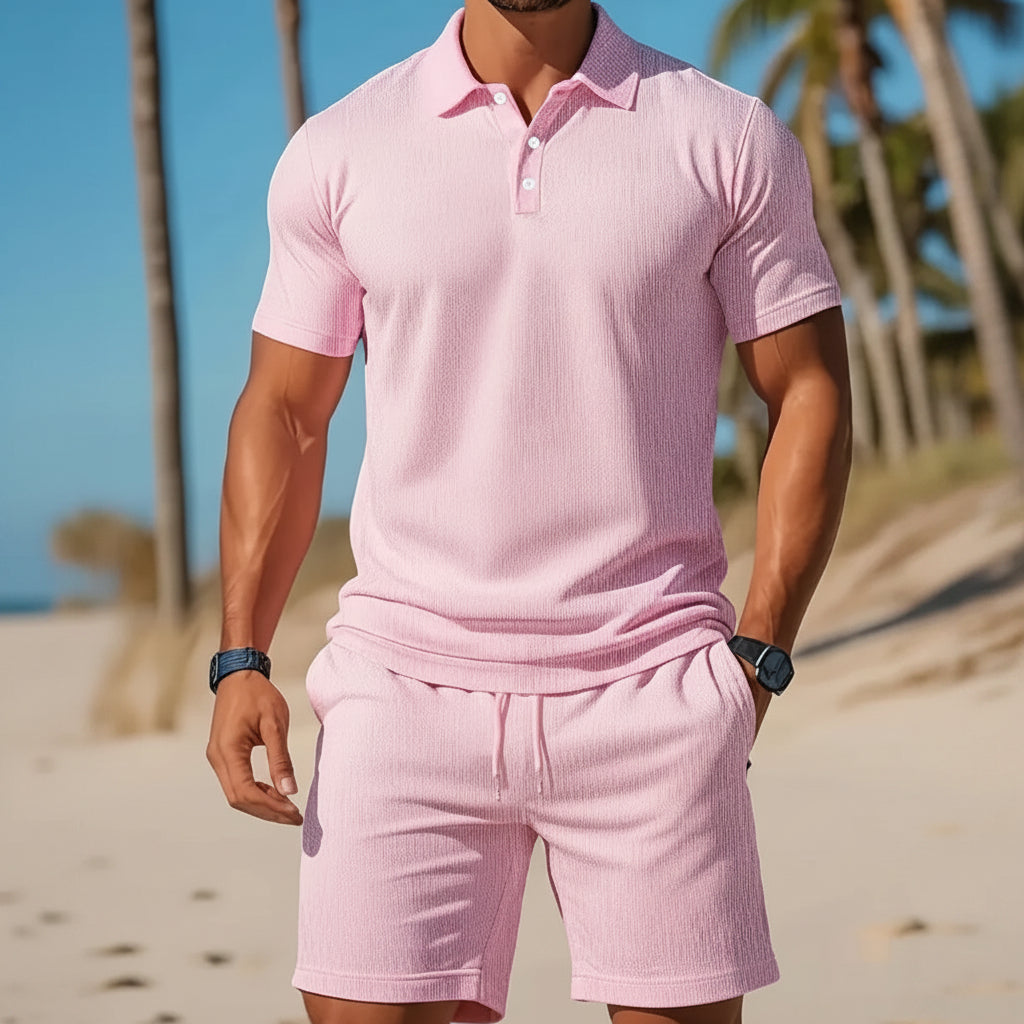 Men's Casual Beach Mesh Lapel Set Summer Comfortable Breathable Loose Solid-Color Sports Short-Sleeved Shirt And Shorts Set