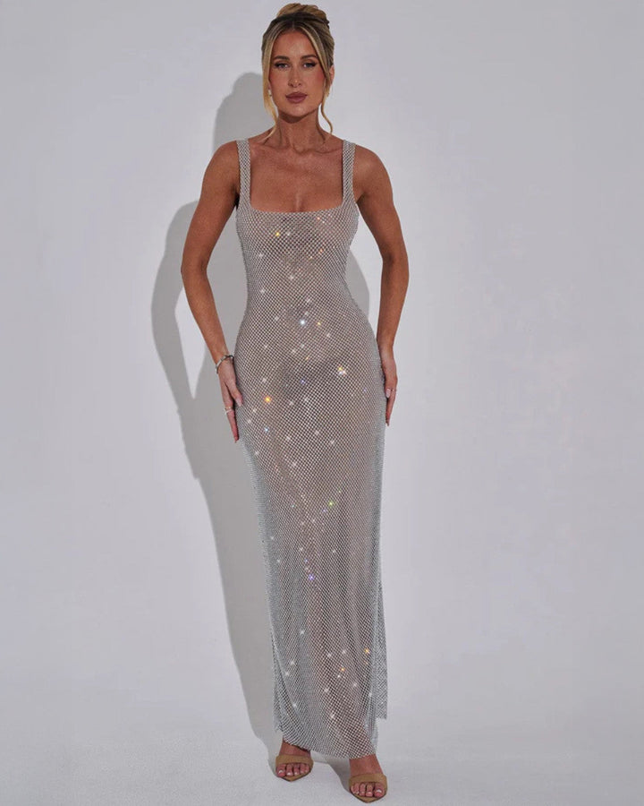 Maxi-jurk met strass en vierkante hals – figuurbetonde avondjurk
