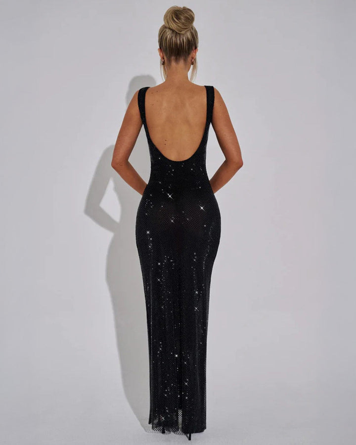 Maxi-jurk met strass en vierkante hals – figuurbetonde avondjurk