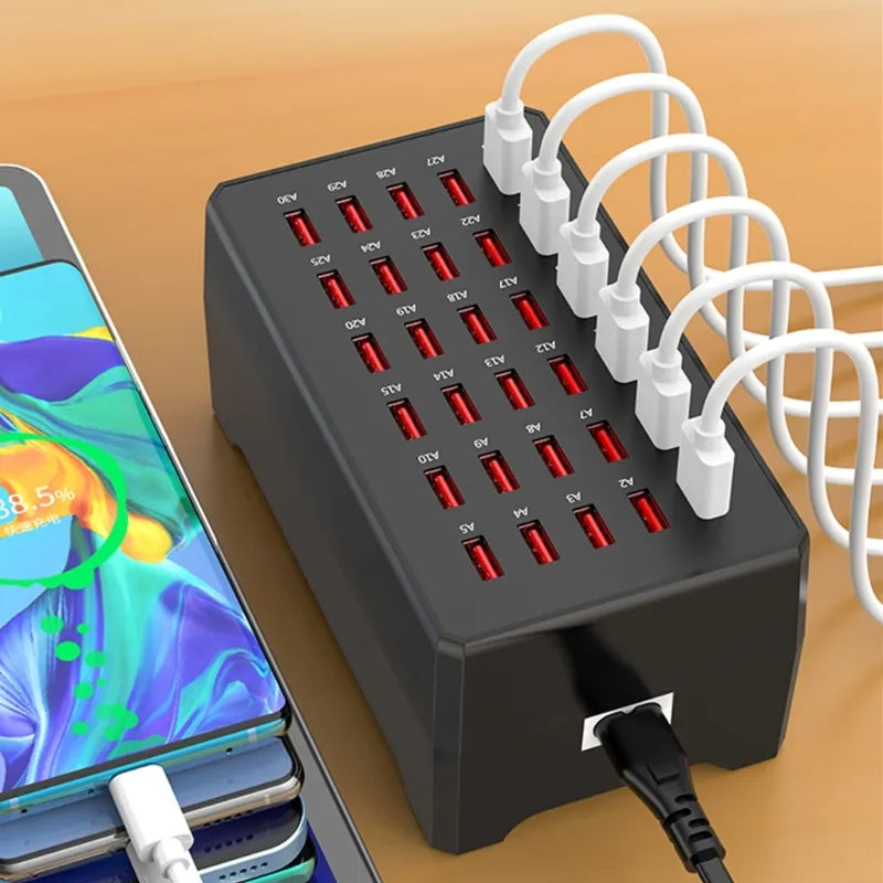 Oplader voor meerdere apparaten, krachtig USB-dockingstation met 30 poorten