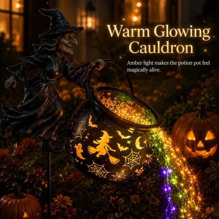 Halloween heksenketel-tuinlamp met kleurrijk licht en griezelige projecties