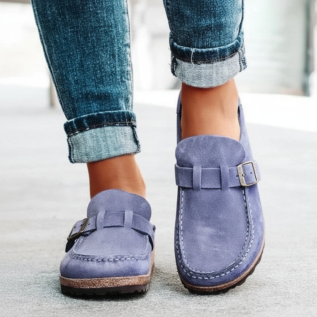 Frosted Suede Round Head Belt Buckle One Pedal Flat Comfortable Foam Bottom Slippers