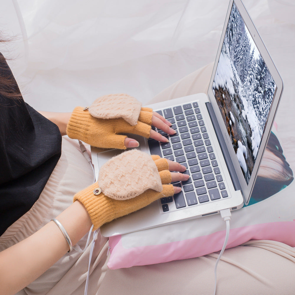 Gebreide USB-handschoenen met klep, verwarmd aan twee kanten