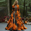 Dames maxi-jurk met lange mouwen en skelet-bloemenprint voor Halloweenfeesten