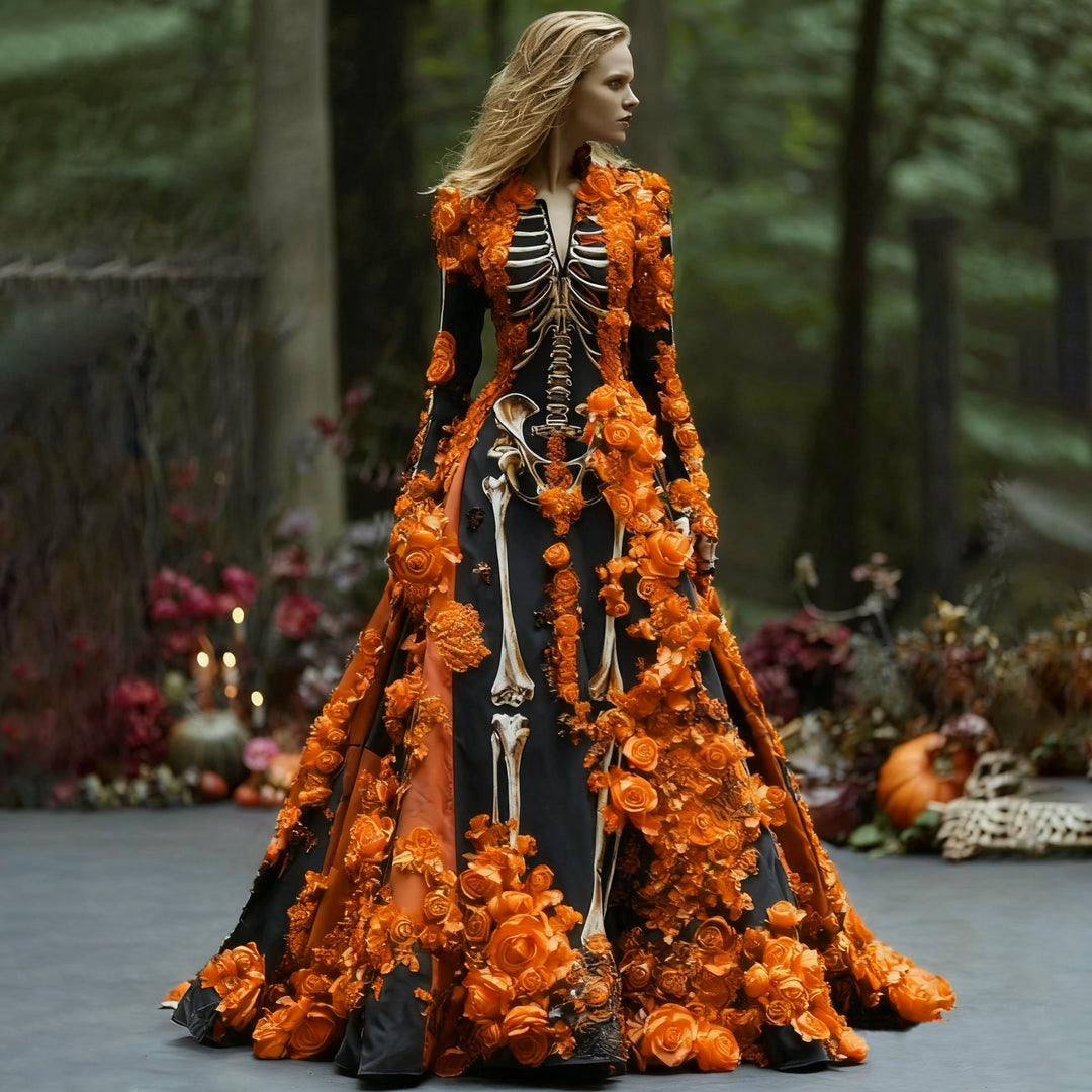 Maxi-jurk met lange mouwen en skeletbloemenprint voor dames, voor Halloweenfeesten
