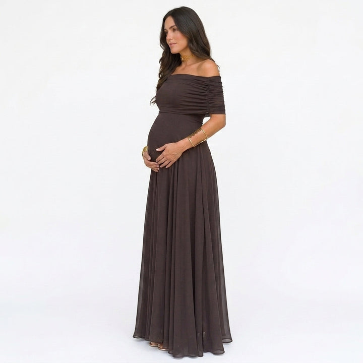 Schouderloze maxi-jurk met bloemenprint voor tijdens de zwangerschap, voor babyshowers en fotoshoots