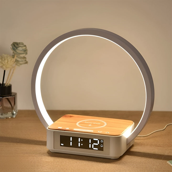 BrightGlow - 3-in-1 Tafellamp Met Draadloos Opladen, Wekker & Aanraakbediening