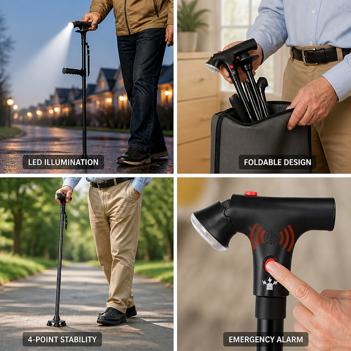 Lichte opvouwbare aluminium wandelstok met 4-puntsvoet, LED-licht en alarm