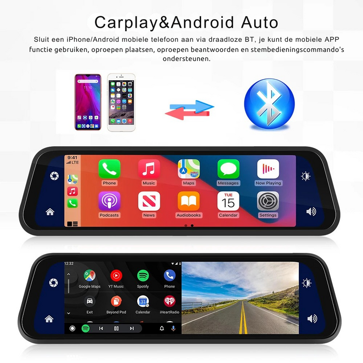 Ultra HD Spiegel Dashcam met Draadloze CarPlay & Android Auto