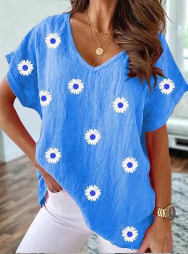 Ainara – Casual V-Hals T-Shirt met 3D Bloemenprint