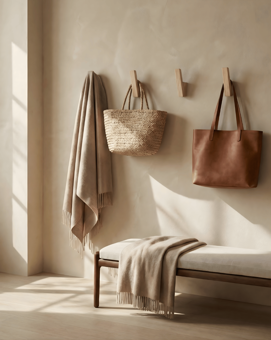 Houten kapstokhaken, set van 4 – minimalistische wandhaken voor hal en badkamer