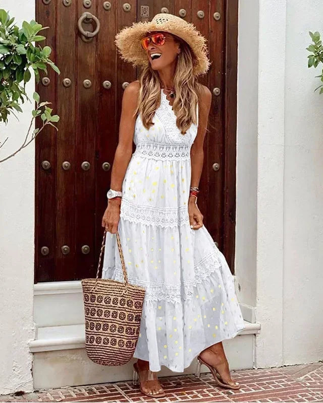 Isadora – Elegante Mouwloze Maxi Jurk met Kant en Hoge Taille