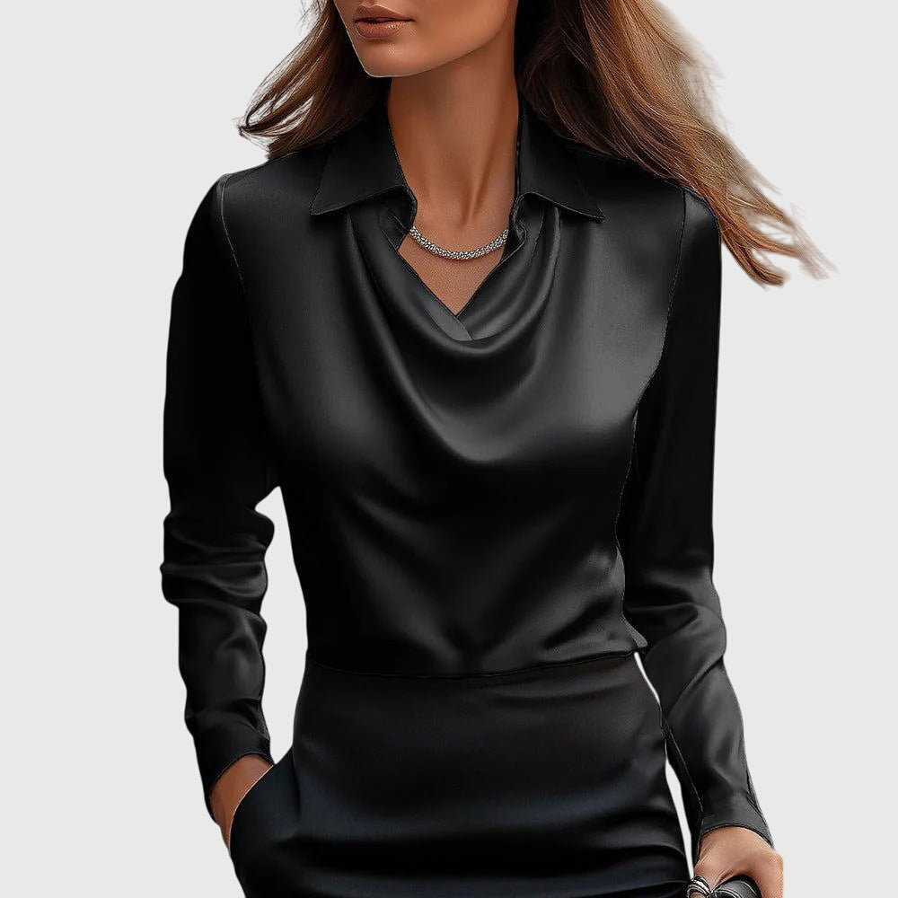 Satijnen blouse voor dames met watervalhals - Topje met lange mouwen en kraag voor werk en avond