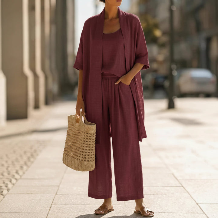 Three-piece Suit Women's Mid-length Cardigan Tank Top And Straight-leg With Pockets Fashion Trousers Set