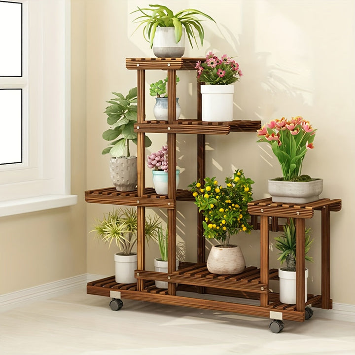 Houten Plantenstandaard met 6 Schappen – Verkoolde Afwerking