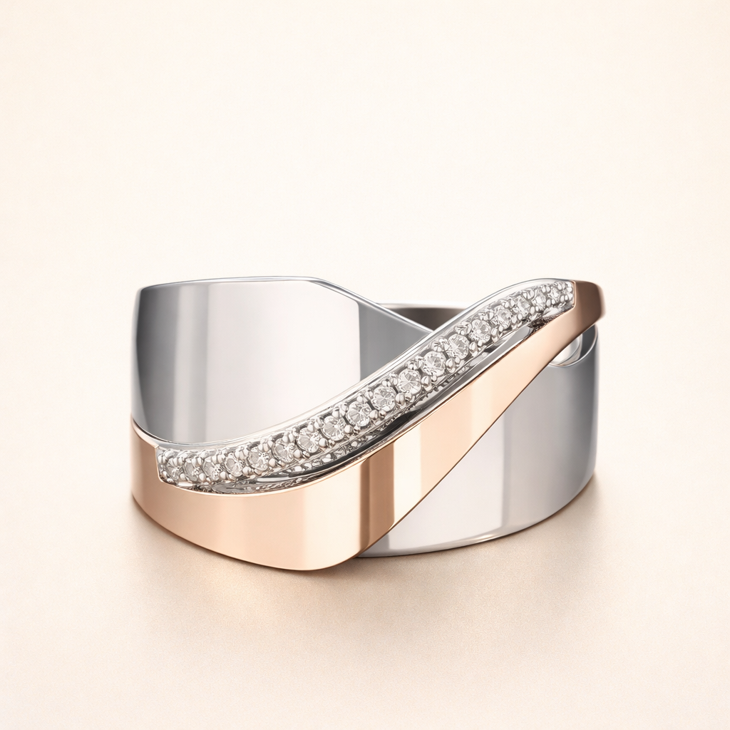 Vintage rosegouden en zilveren ring met zirkonia