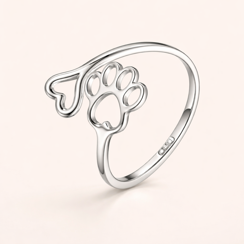Handgemaakte Poot & Hart Ring – Verstelbaar Sterling Zilver