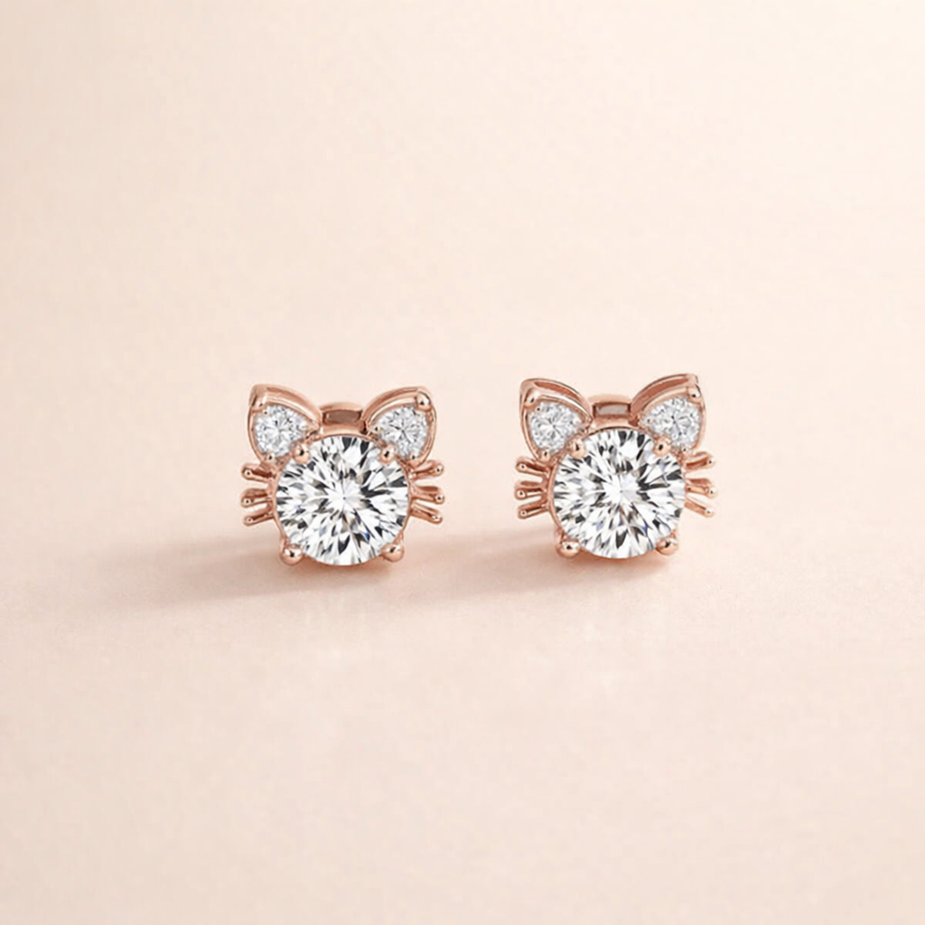 Moissanite Roze Gouden Kat Stud Oorbellen in Sterling Zilver
