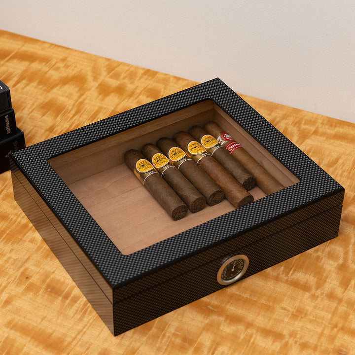 Sigarenkoffer voor op het bureau met hygrometer en kijkdeksel