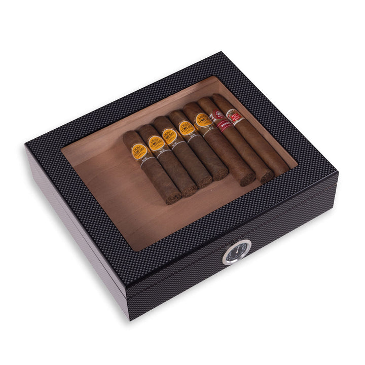 Sigarenkoffer voor op het bureau met hygrometer en kijkdeksel
