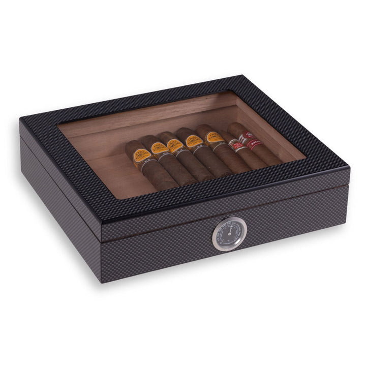 Sigarenkoffer voor op het bureau met hygrometer en kijkdeksel