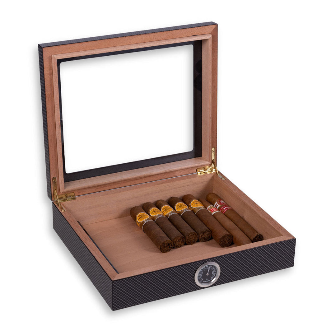 Sigarenkoffer voor op het bureau met hygrometer en kijkdeksel