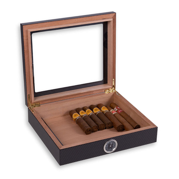 Sigarenkoffer voor op het bureau met hygrometer en kijkdeksel