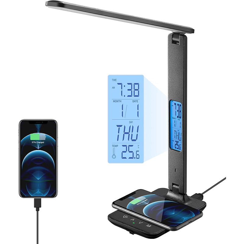 BrightDesk - LED Bureau Lamp Met Draadloze Oplader, USB-Port & LCD Klok