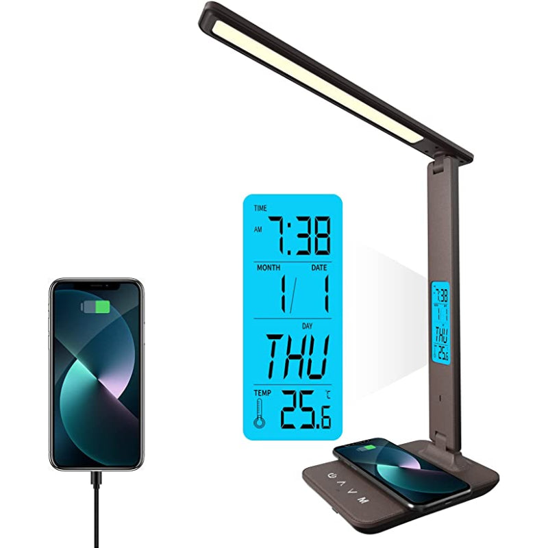 BrightDesk - LED Bureau Lamp Met Draadloze Oplader, USB-Port & LCD Klok