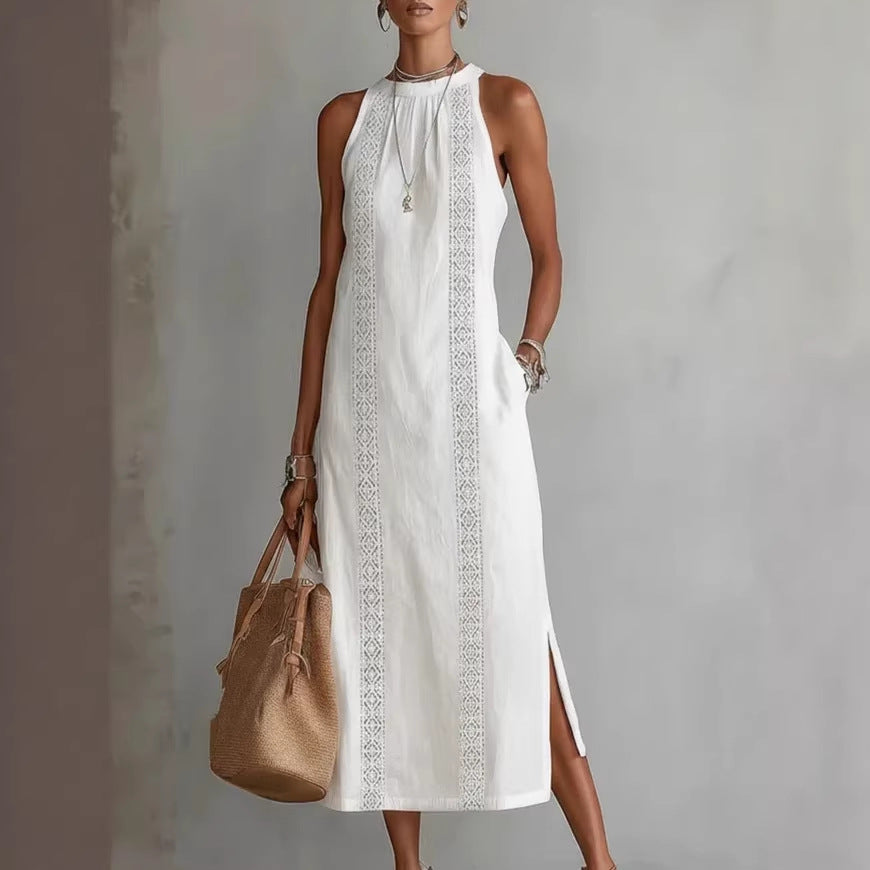 Women's Halter Neck Sleeveless Dress Lace Patchwork Holiday Style Summer Top