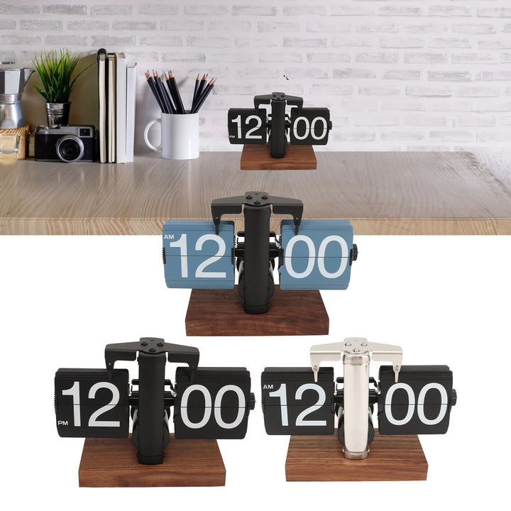 TimeCharm - Retro Flip Down Klok van Walnoot Hout | Vintage Mechanische Tafelklok