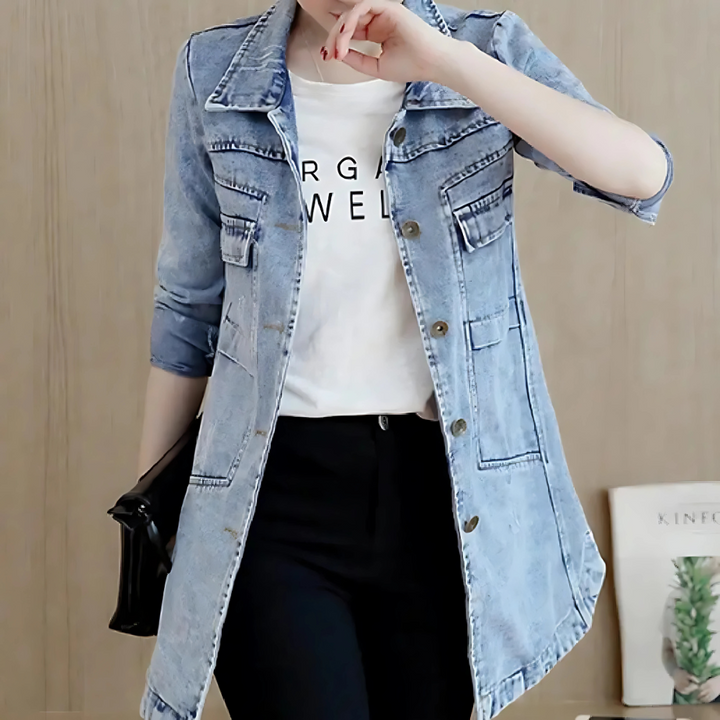 Lange spijkerjas voor vrouwen met Borduurdetails