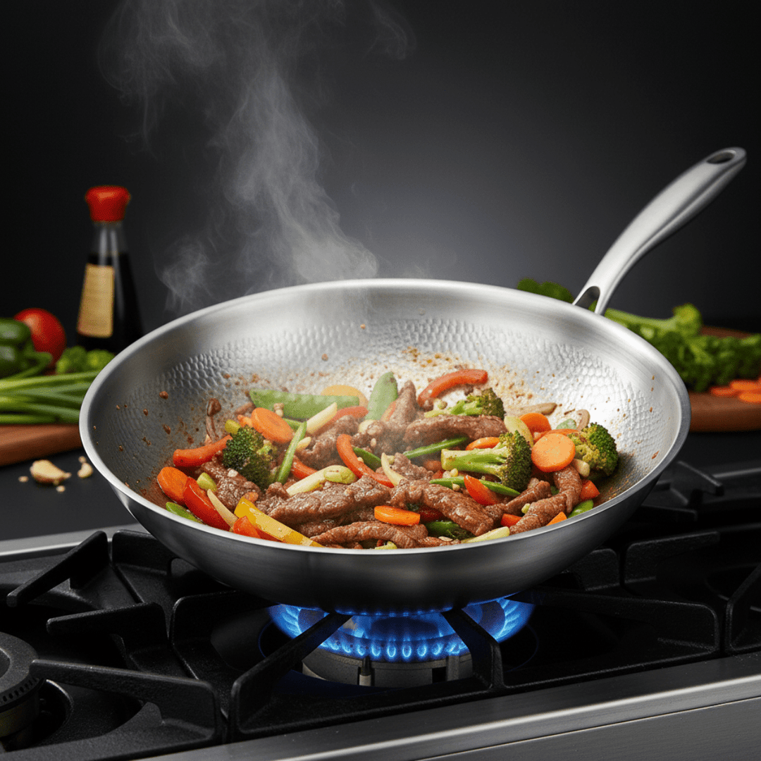 Gehamerde wokpan van titanium met platte bodem