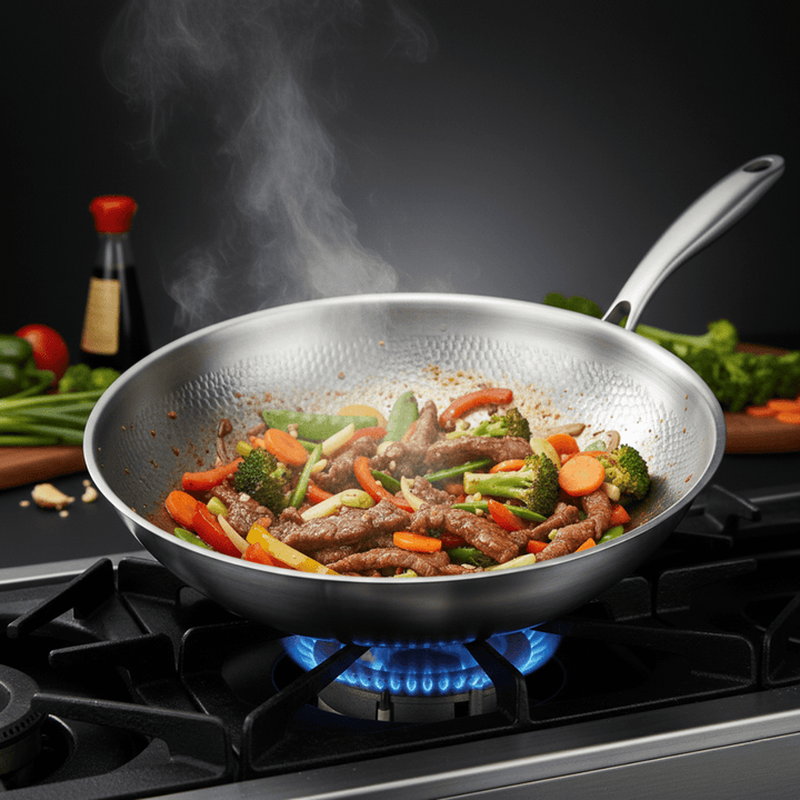 Gehamerde wokpan van titanium met platte bodem