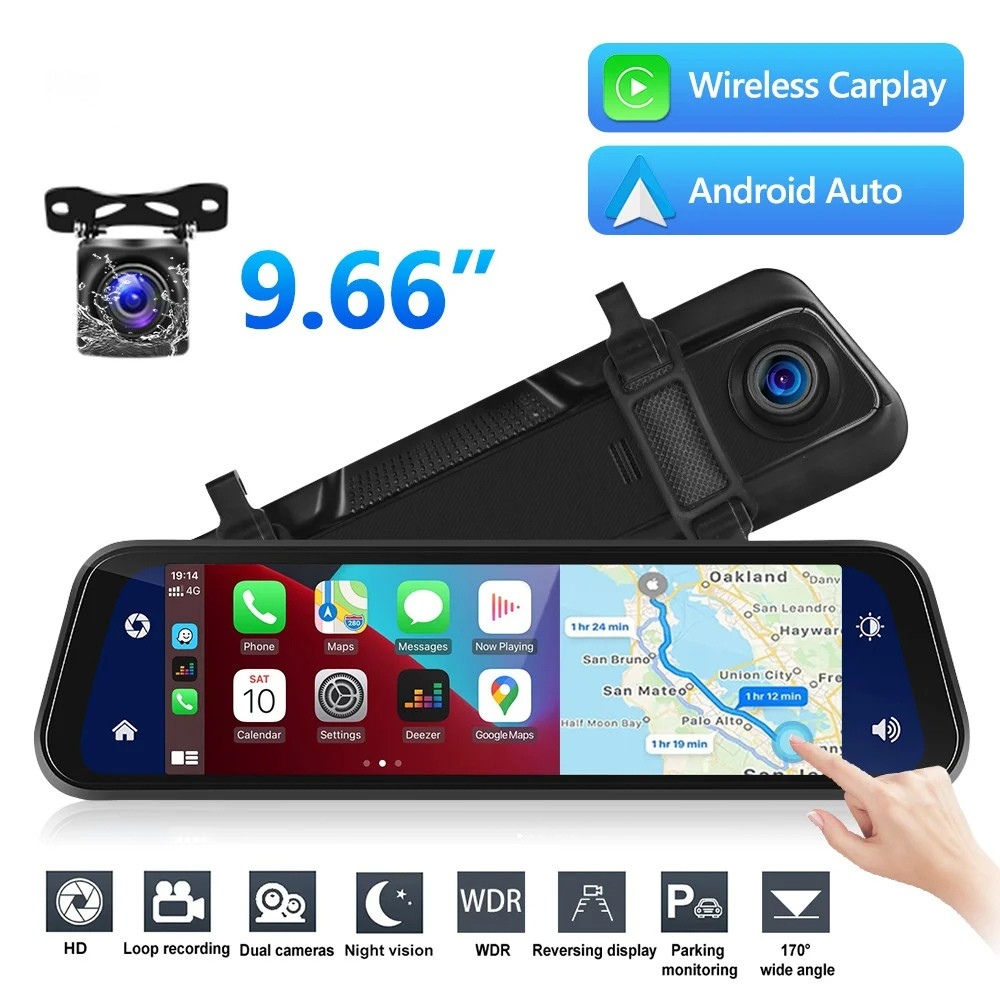 Ultra HD Spiegel Dashcam met Draadloze CarPlay & Android Auto