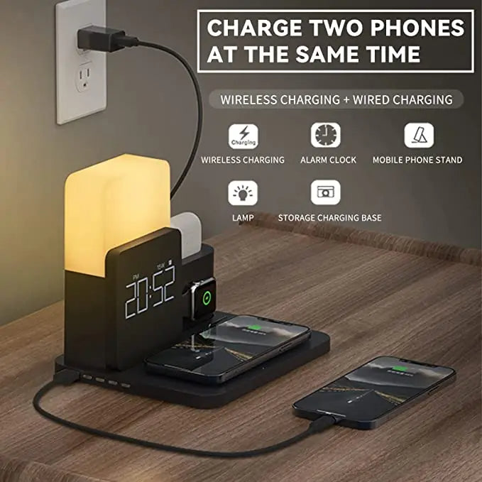 Multifunctioneel Draadloos Oplaadstation – Inclusief Lamp en Wekker