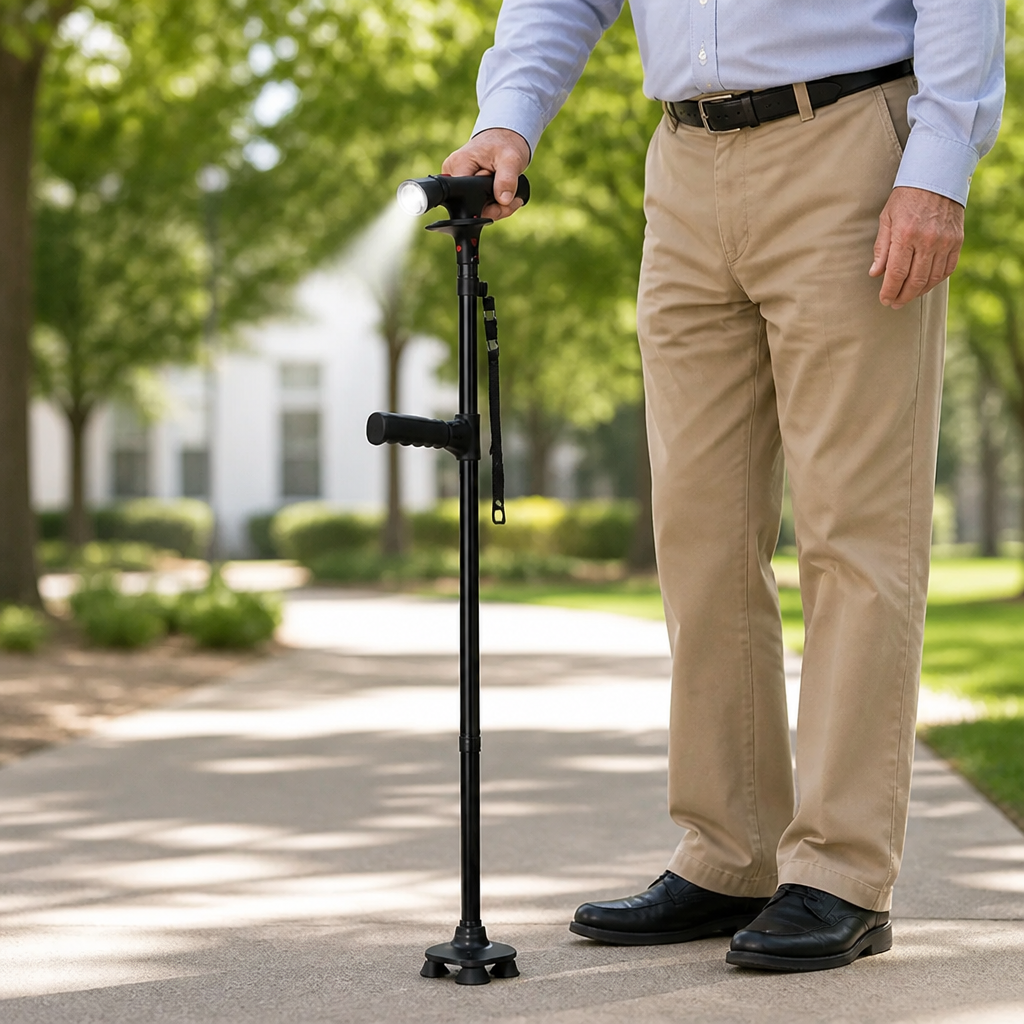 Lichte opvouwbare aluminium wandelstok met 4-puntsvoet, LED-licht en alarm