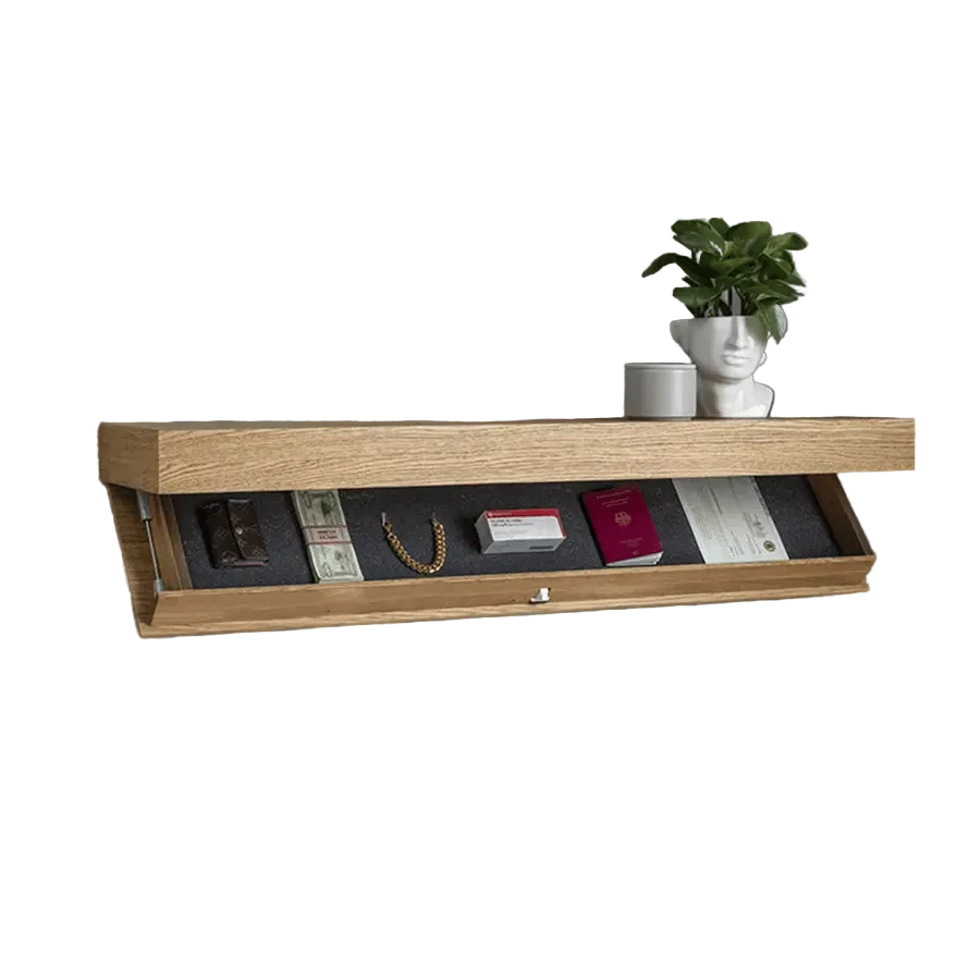 Wandplank van massief hout met verborgen vak | minimalistisch ontwerp