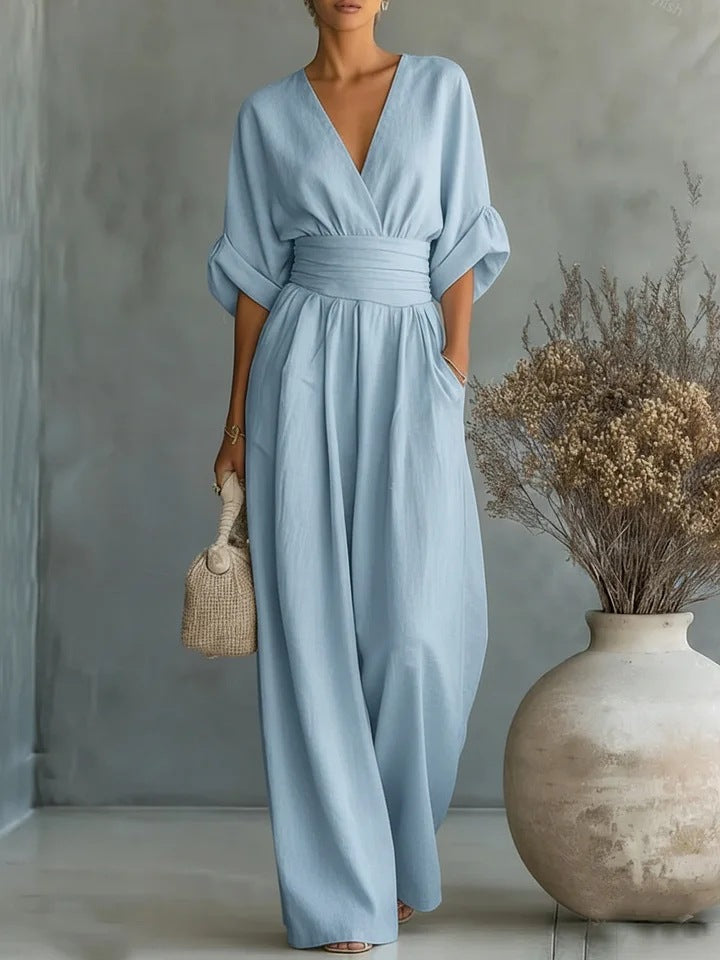 Elegante damesjumpsuit met wijde pijpen, V-hals en vloeiende pasvorm