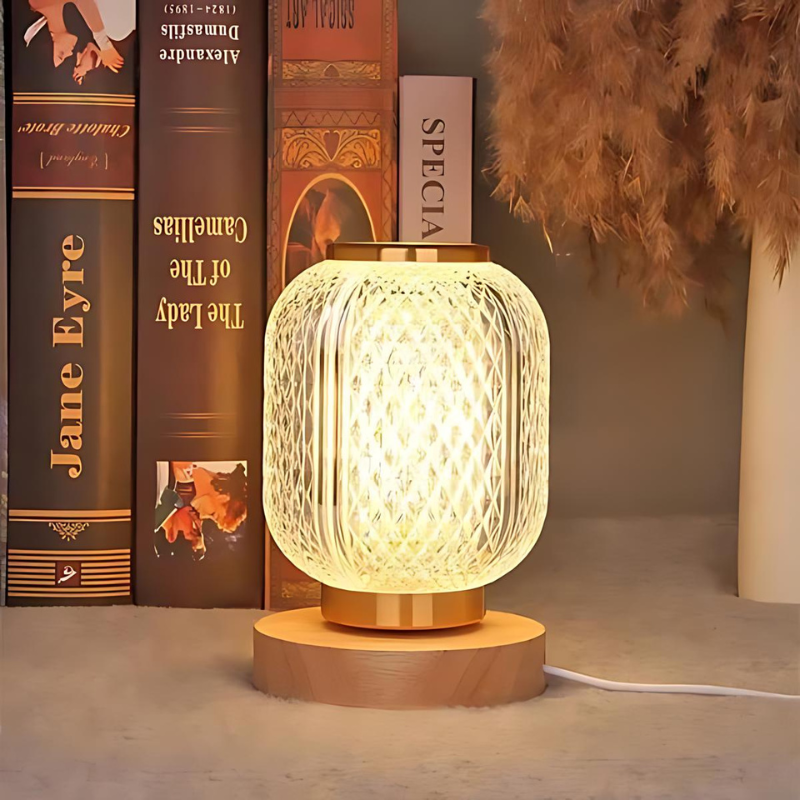 LumiGlow - Transparante Tafellamp Met Geweven Glas En Houten Voet