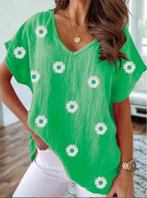 Ainara – Casual V-Hals T-Shirt met 3D Bloemenprint