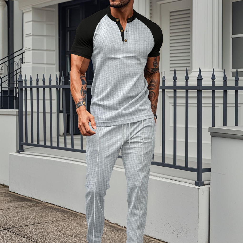 Heren Knopen-Shirt en Wafel Lange Broek Lounge Set